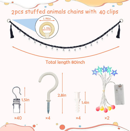 2PCS Stuffed Animals Storage Chain Organizers 80" Cotton Hanging Storage Chain with 2x 10 Led Light 40 Metal Clips Stuffed Animal Display Holder Chain for Nursery Play Room (Purple)