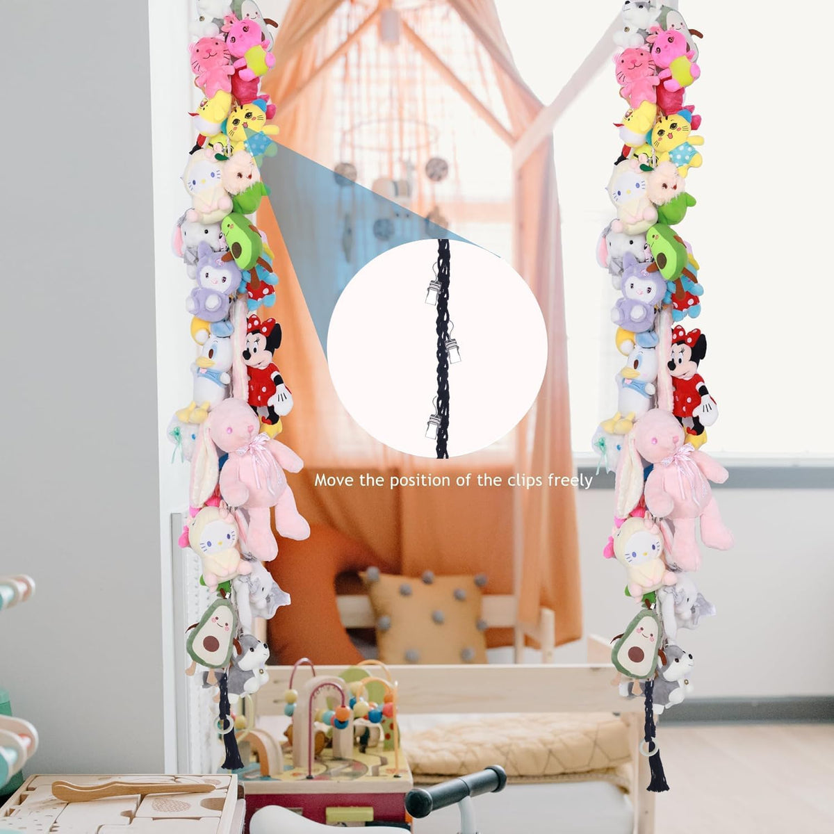 2PCS Stuffed Animals Storage Chain Organizers 80" Cotton Hanging Storage Chain with 2x 10 Led Light 40 Metal Clips Stuffed Animal Display Holder Chain for Nursery Play Room (Purple)