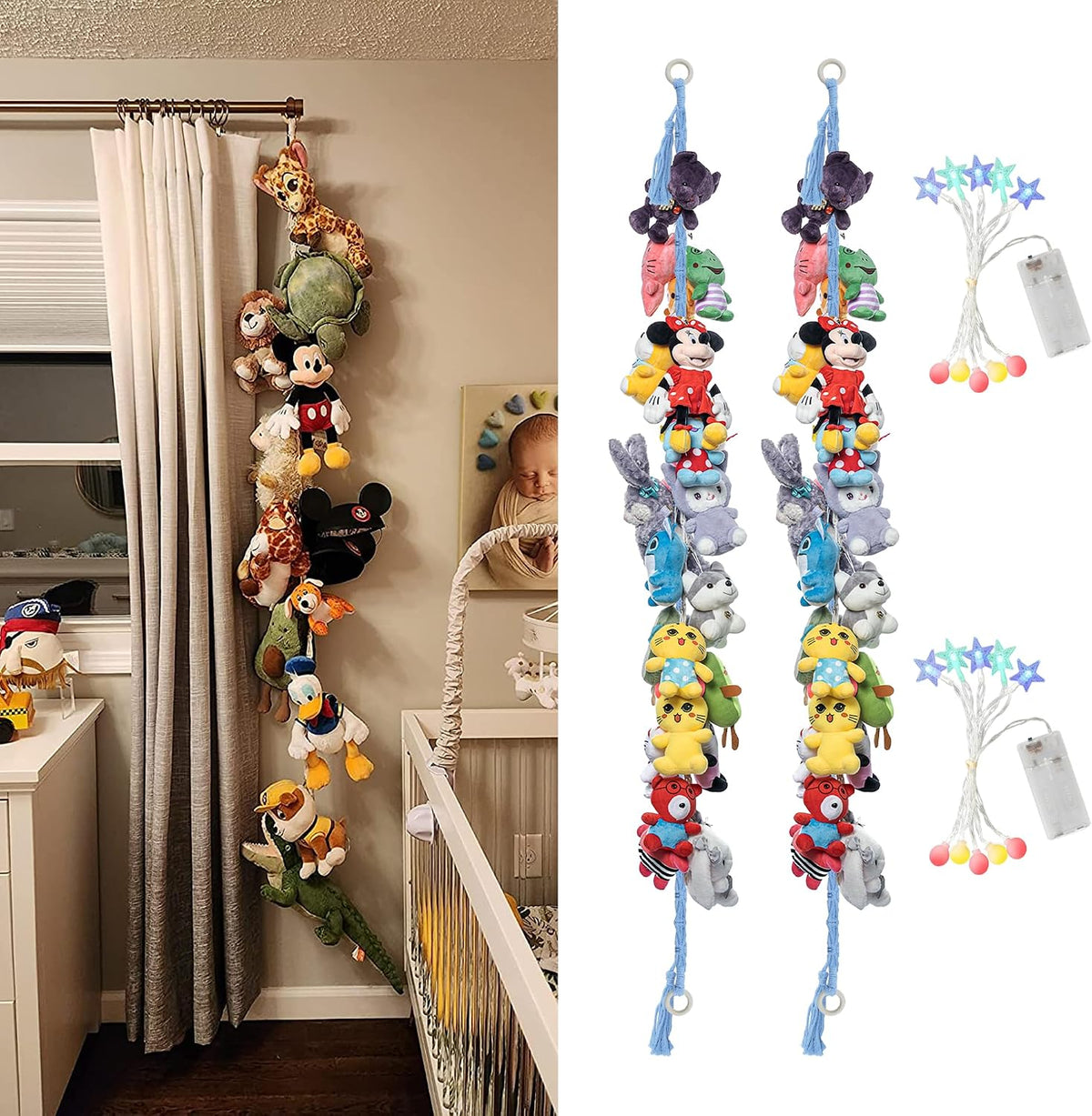 2PCS Stuffed Animals Storage Chain Organizers 80" Cotton Hanging Storage Chain with 2x 10 Led Light 40 Metal Clips Stuffed Animal Display Holder Chain for Nursery Play Room (Purple)