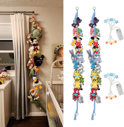 2PCS Stuffed Animals Storage Chain Organizers 80" Cotton Hanging Storage Chain with 2x 10 Led Light 40 Metal Clips Stuffed Animal Display Holder Chain for Nursery Play Room (Purple)