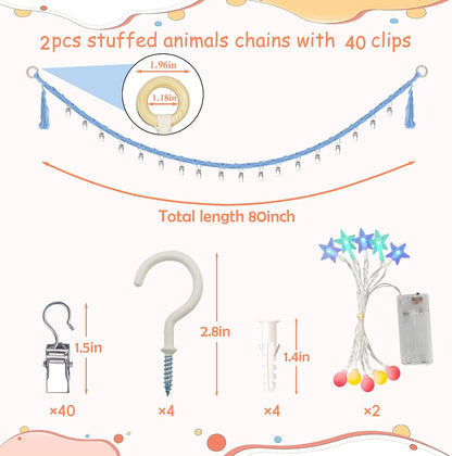 2PCS Stuffed Animals Storage Chain Organizers 80" Cotton Hanging Storage Chain with 2x 10 Led Light 40 Metal Clips Stuffed Animal Display Holder Chain for Nursery Play Room (Purple)