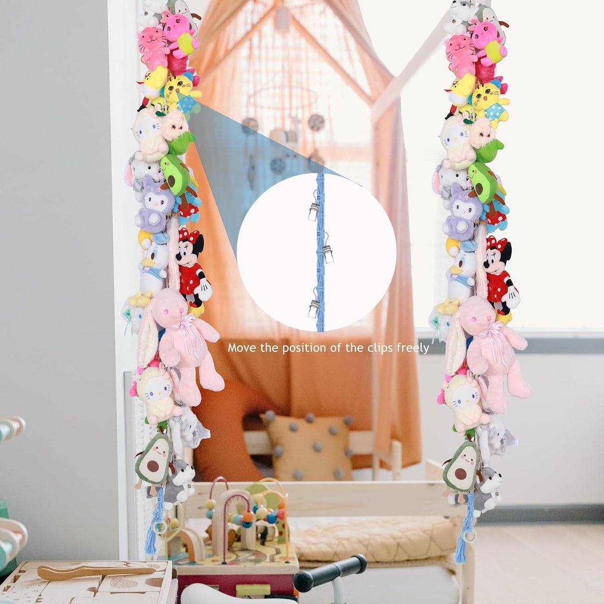 2PCS Stuffed Animals Storage Chain Organizers 80" Cotton Hanging Storage Chain with 2x 10 Led Light 40 Metal Clips Stuffed Animal Display Holder Chain for Nursery Play Room (Purple)