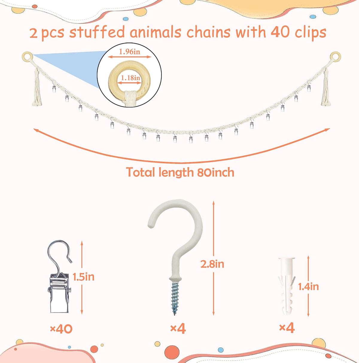 2PCS Stuffed Animals Storage Chain Organizers 80" Cotton Hanging Storage Chain with 2x 10 Led Light 40 Metal Clips Stuffed Animal Display Holder Chain for Nursery Play Room (Purple)