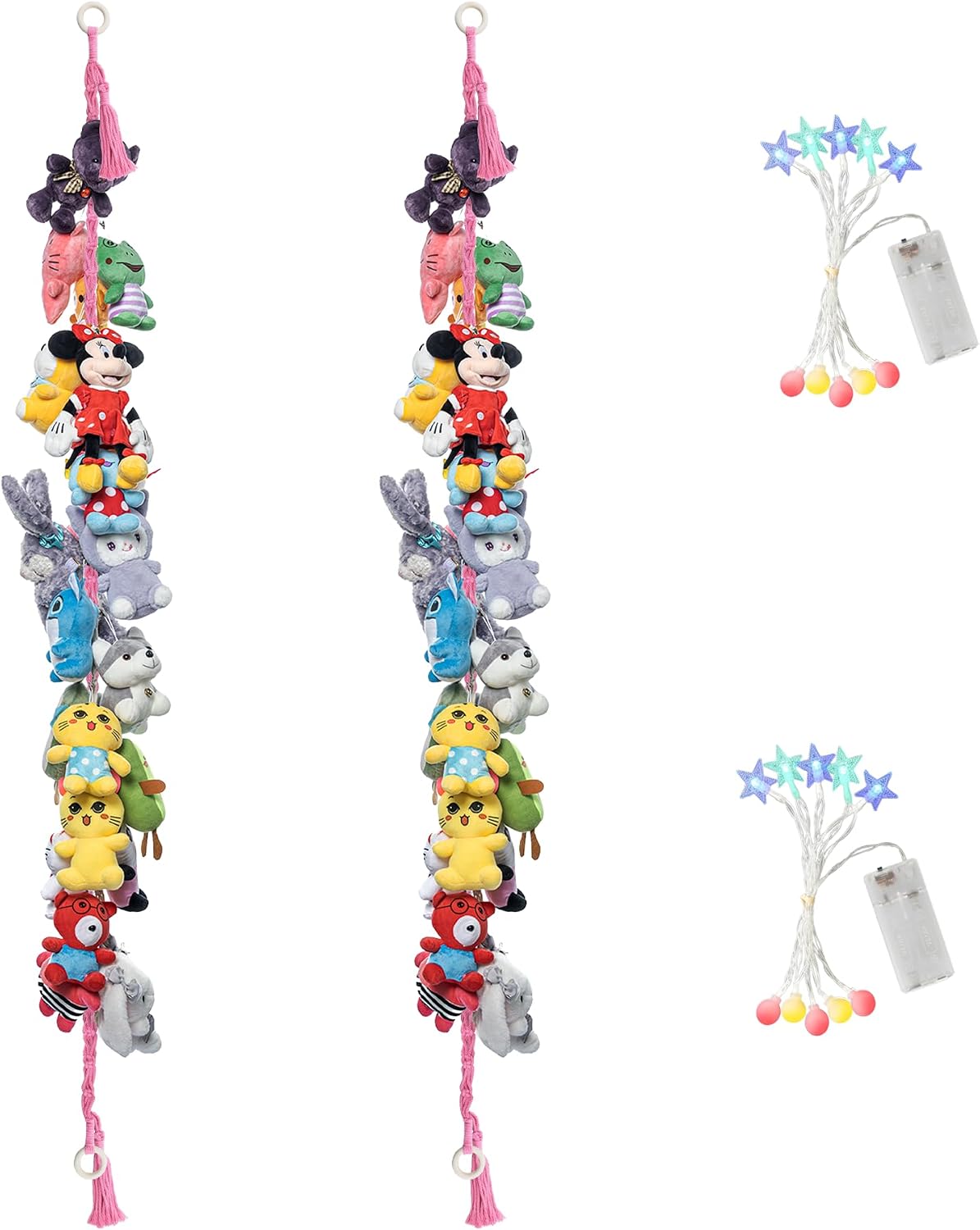 2PCS Stuffed Animals Storage Chain Organizers 80" Cotton Hanging Storage Chain with 2x 10 Led Light 40 Metal Clips Stuffed Animal Display Holder Chain for Nursery Play Room (Purple)