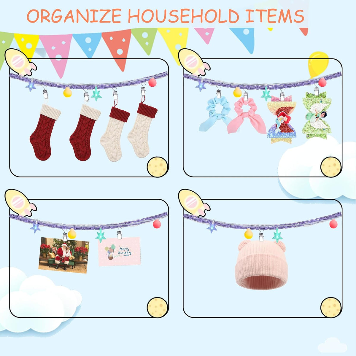 2PCS Stuffed Animals Storage Chain Organizers 80" Cotton Hanging Storage Chain with 2x 10 Led Light 40 Metal Clips Stuffed Animal Display Holder Chain for Nursery Play Room (Purple)