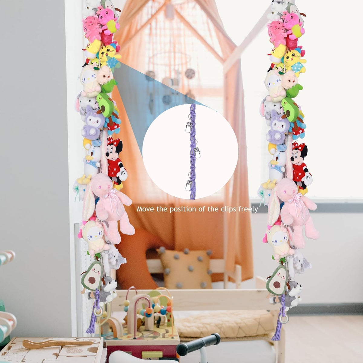 2PCS Stuffed Animals Storage Chain Organizers 80" Cotton Hanging Storage Chain with 2x 10 Led Light 40 Metal Clips Stuffed Animal Display Holder Chain for Nursery Play Room (Purple)