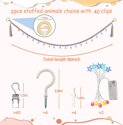 2PCS Stuffed Animals Storage Chain Organizers 80" Cotton Hanging Storage Chain with 2x 10 Led Light 40 Metal Clips Stuffed Animal Display Holder Chain for Nursery Play Room (Purple)