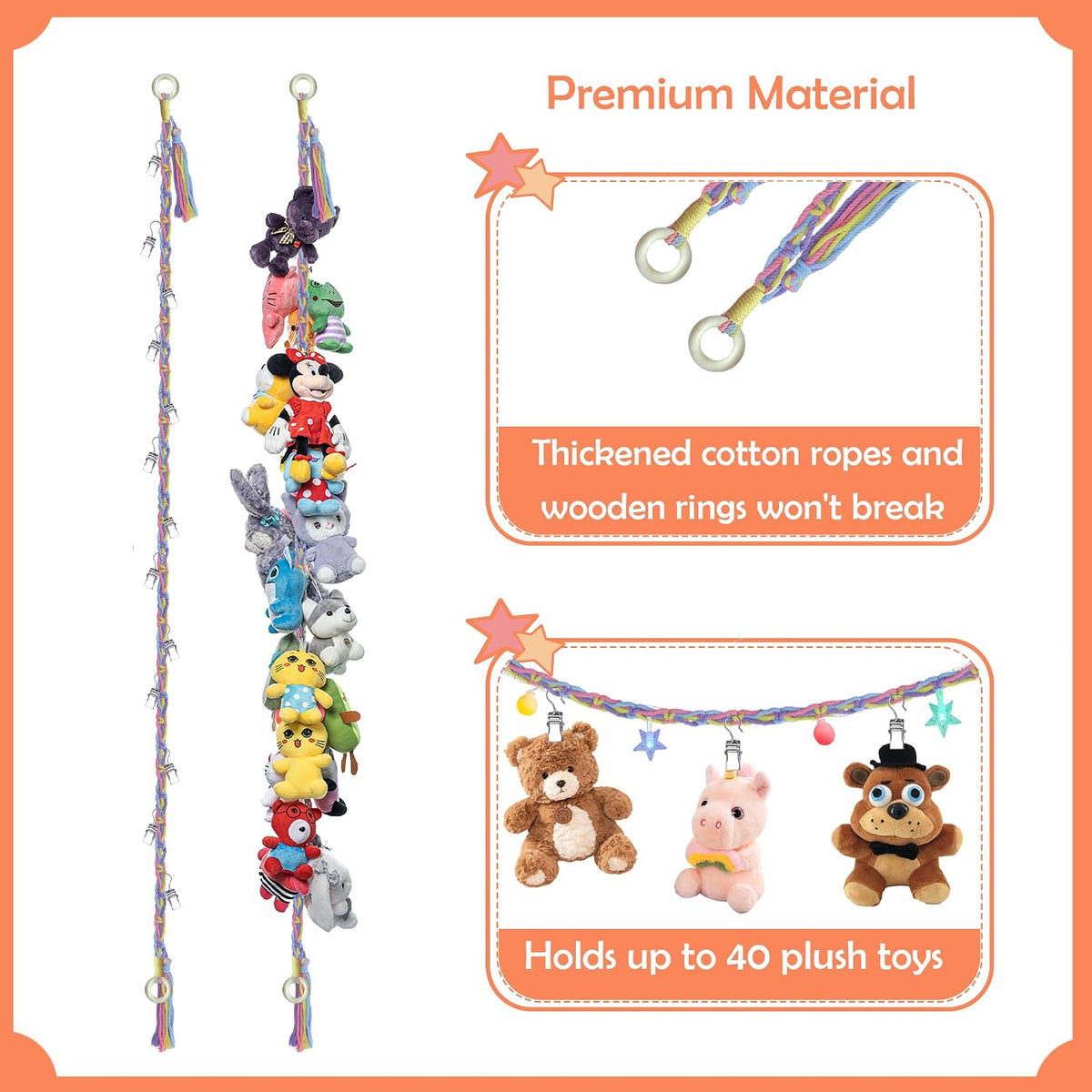 2PCS Stuffed Animals Storage Chain Organizers 80" Cotton Hanging Storage Chain with 2x 10 Led Light 40 Metal Clips Stuffed Animal Display Holder Chain for Nursery Play Room (Purple)
