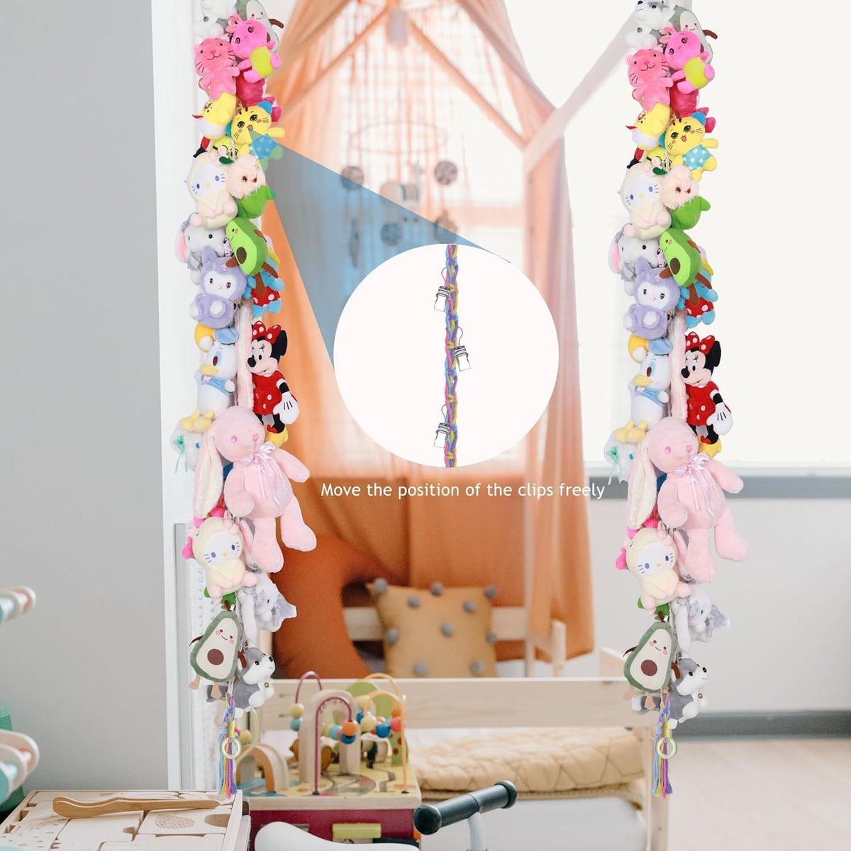 2PCS Stuffed Animals Storage Chain Organizers 80" Cotton Hanging Storage Chain with 2x 10 Led Light 40 Metal Clips Stuffed Animal Display Holder Chain for Nursery Play Room (Purple)