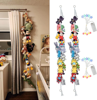 2PCS Stuffed Animals Storage Chain Organizers 80" Cotton Hanging Storage Chain with 2x 10 Led Light 40 Metal Clips Stuffed Animal Display Holder Chain for Nursery Play Room (Purple)