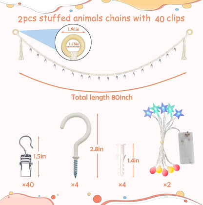 2PCS Stuffed Animals Storage Chain Organizers 80" Cotton Hanging Storage Chain with 2x 10 Led Light 40 Metal Clips Stuffed Animal Display Holder Chain for Nursery Play Room (Purple)