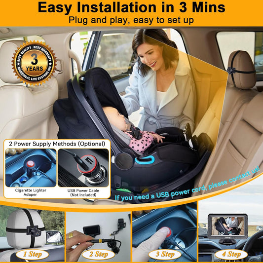 Baby Car Camera for Backseat - HD 1080P Easy Install 170° Wide Angle