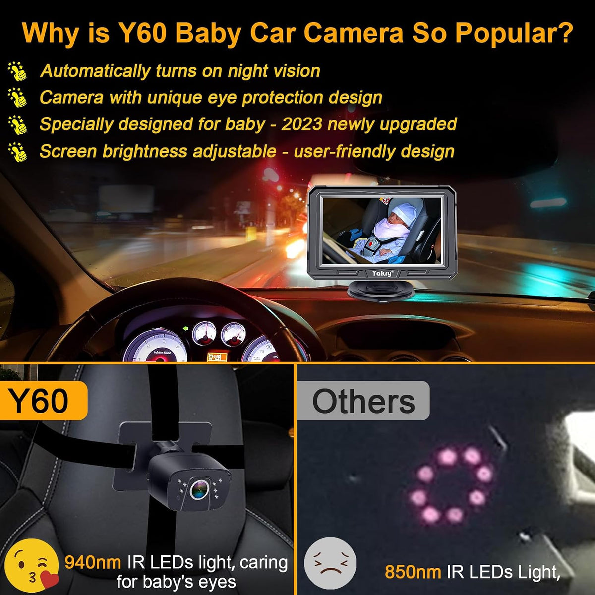 Baby Car Camera for Backseat - HD 1080P Easy Install 170° Wide Angle