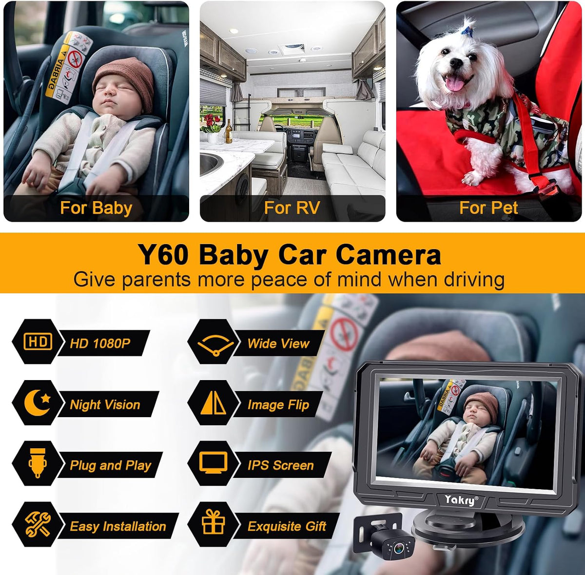 Baby Car Camera for Backseat - HD 1080P Easy Install 170° Wide Angle