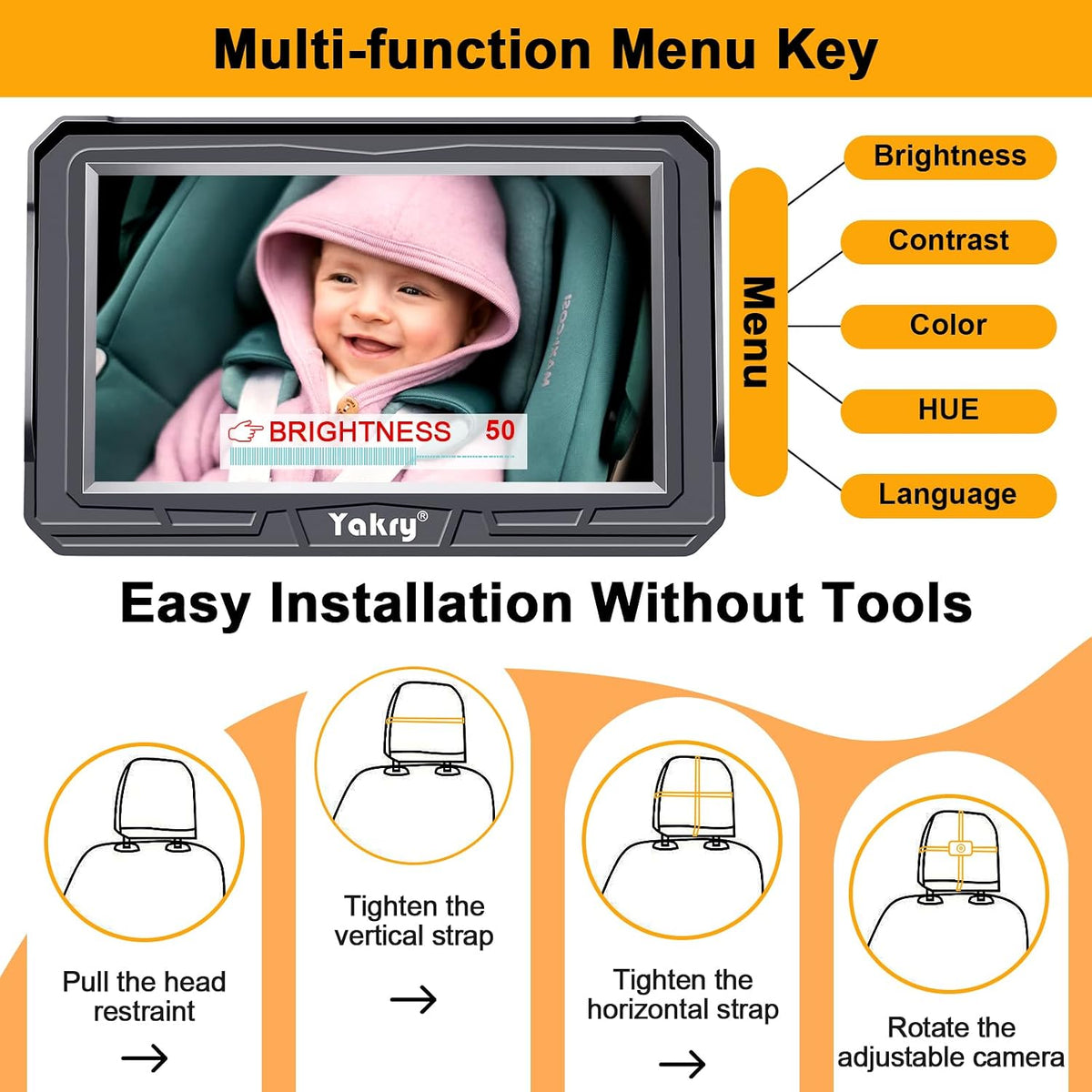Baby Car Camera for Backseat - HD 1080P Easy Install 170° Wide Angle