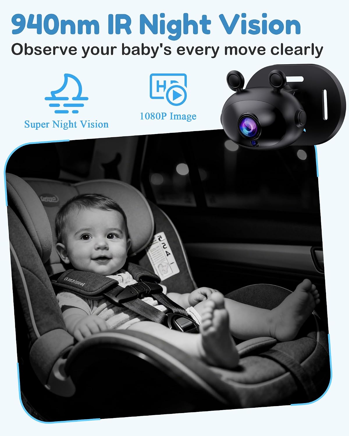 Baby Car Camera for Backseat - HD 1080P Easy Install 170° Wide Angle