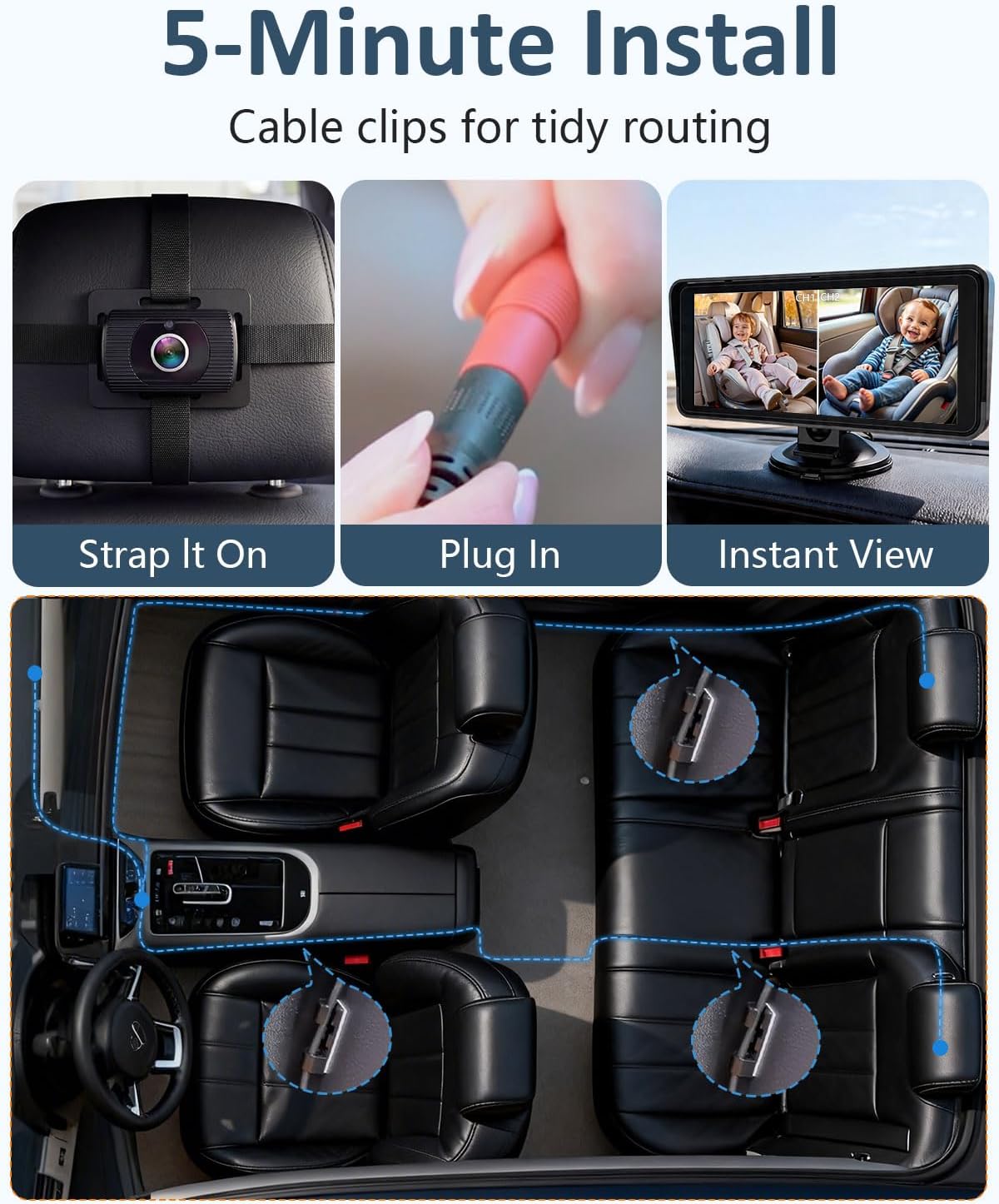 Baby Car Camera for Backseat - HD 1080P Easy Install 170° Wide Angle