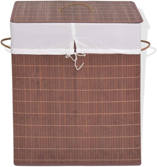 Bamboo Laundry Hamper with Lid, Rectangular Foldable Clothes Storage Basket, Removable Polyester Liner and Handles for Bedroom, Bathroom, Nursery, Brown, 15.7 x 11.8 x 23.6 Inches