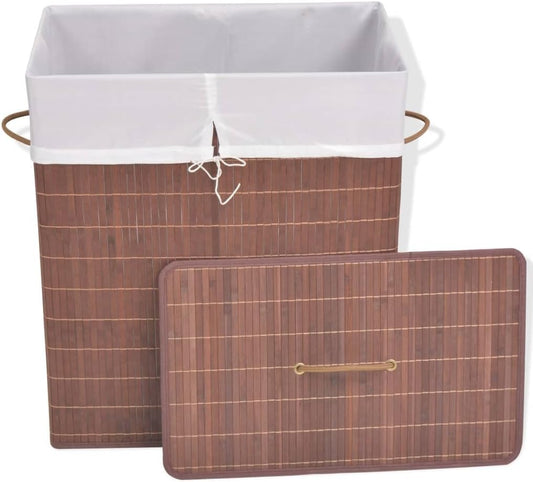 Bamboo Laundry Hamper with Lid, Rectangular Foldable Clothes Storage Basket, Removable Polyester Liner and Handles for Bedroom, Bathroom, Nursery, Brown, 15.7 x 11.8 x 23.6 Inches
