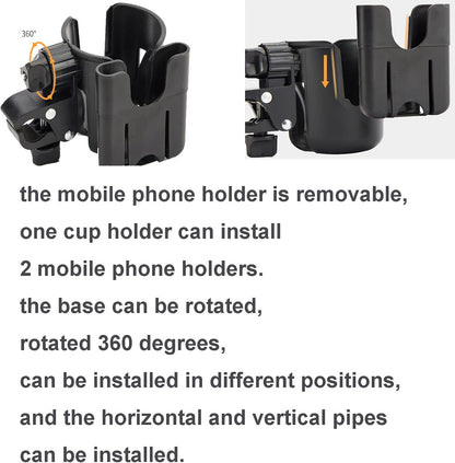 Cup Holder 2 in 1 Stroller Organizer with 360 Rotation