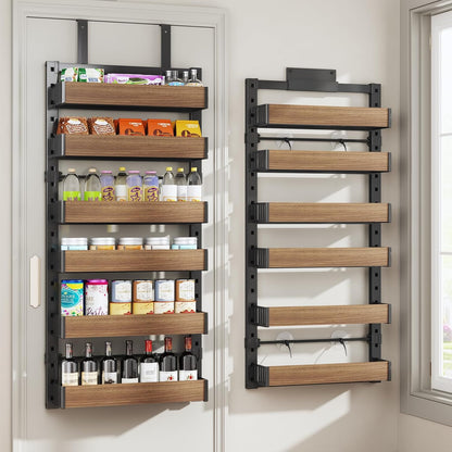 8 Tier Over the Door Pantry Organizer with Adjustable Wooden Baskets, Heavy Duty 2 in 1 Wall Mounted & Hanging Spice Rack for Kitchen, Cabinet and Closet Organization
