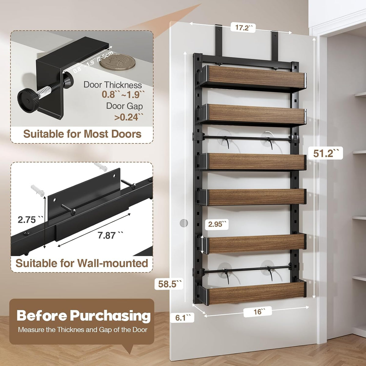 8 Tier Over the Door Pantry Organizer with Adjustable Wooden Baskets, Heavy Duty 2 in 1 Wall Mounted & Hanging Spice Rack for Kitchen, Cabinet and Closet Organization