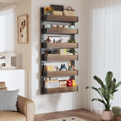 8 Tier Over the Door Pantry Organizer with Adjustable Wooden Baskets, Heavy Duty 2 in 1 Wall Mounted & Hanging Spice Rack for Kitchen, Cabinet and Closet Organization