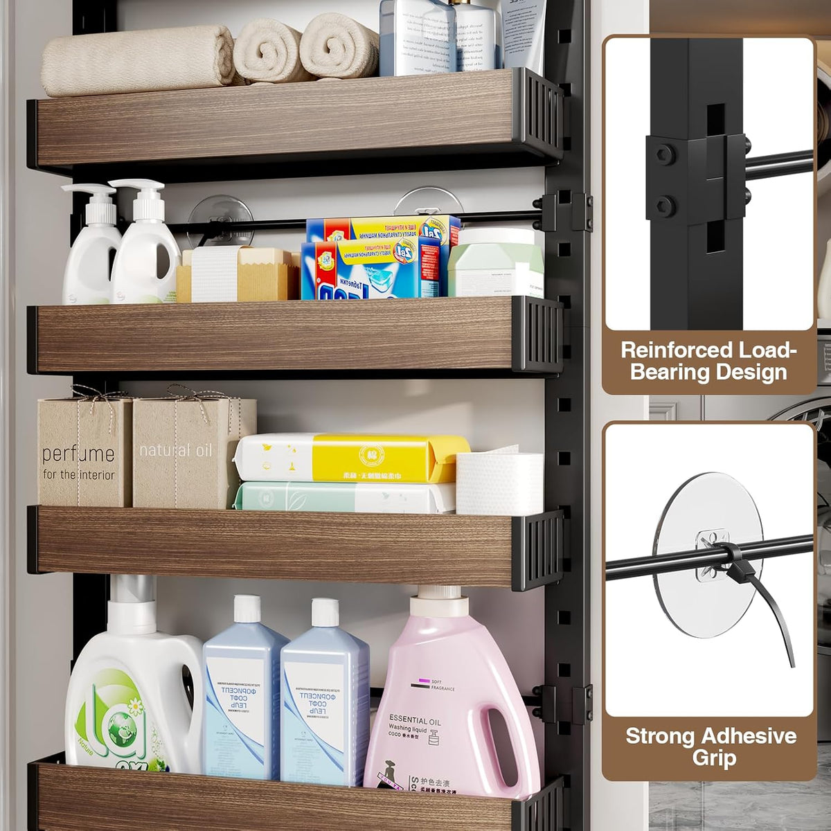 8 Tier Over the Door Pantry Organizer with Adjustable Wooden Baskets, Heavy Duty 2 in 1 Wall Mounted & Hanging Spice Rack for Kitchen, Cabinet and Closet Organization