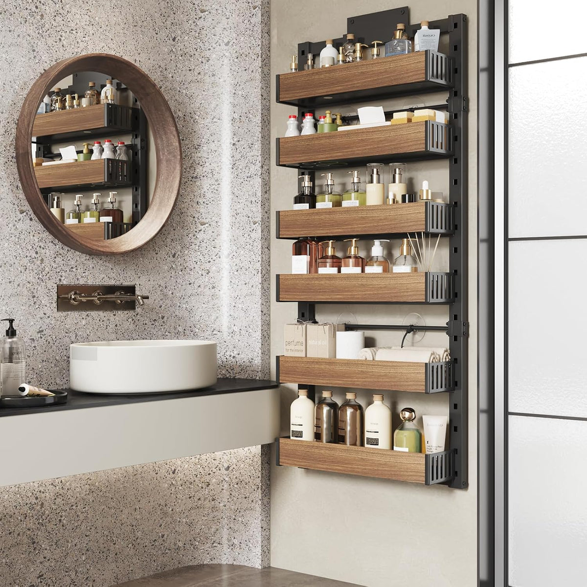 8 Tier Over the Door Pantry Organizer with Adjustable Wooden Baskets, Heavy Duty 2 in 1 Wall Mounted & Hanging Spice Rack for Kitchen, Cabinet and Closet Organization