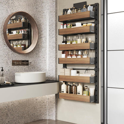 8 Tier Over the Door Pantry Organizer with Adjustable Wooden Baskets, Heavy Duty 2 in 1 Wall Mounted & Hanging Spice Rack for Kitchen, Cabinet and Closet Organization