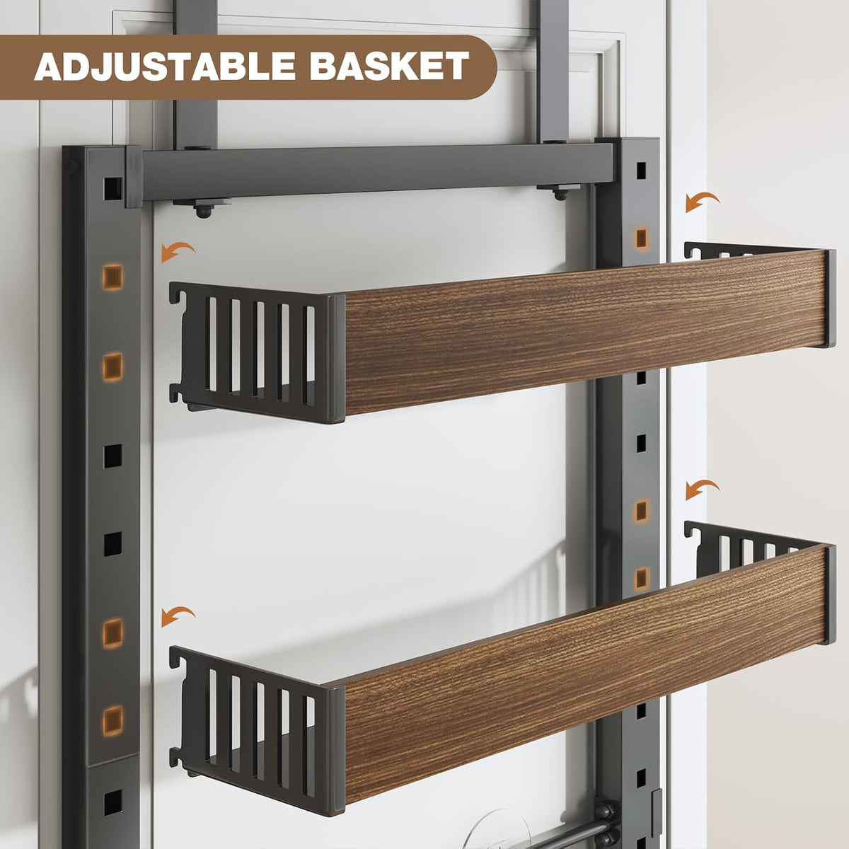 8 Tier Over the Door Pantry Organizer with Adjustable Wooden Baskets, Heavy Duty 2 in 1 Wall Mounted & Hanging Spice Rack for Kitchen, Cabinet and Closet Organization
