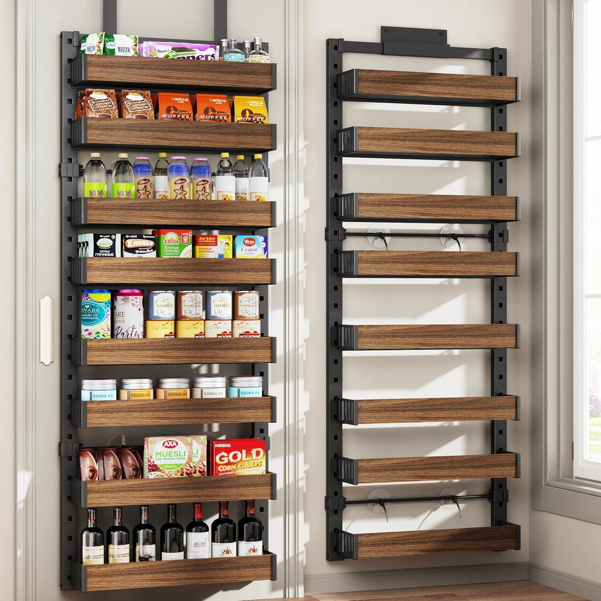 8 Tier Over the Door Pantry Organizer with Adjustable Wooden Baskets, Heavy Duty 2 in 1 Wall Mounted & Hanging Spice Rack for Kitchen, Cabinet and Closet Organization
