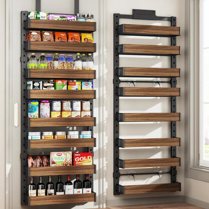 8 Tier Over the Door Pantry Organizer with Adjustable Wooden Baskets, Heavy Duty 2 in 1 Wall Mounted & Hanging Spice Rack for Kitchen, Cabinet and Closet Organization