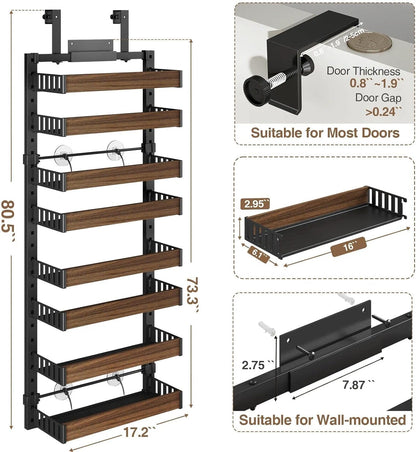 8 Tier Over the Door Pantry Organizer with Adjustable Wooden Baskets, Heavy Duty 2 in 1 Wall Mounted & Hanging Spice Rack for Kitchen, Cabinet and Closet Organization