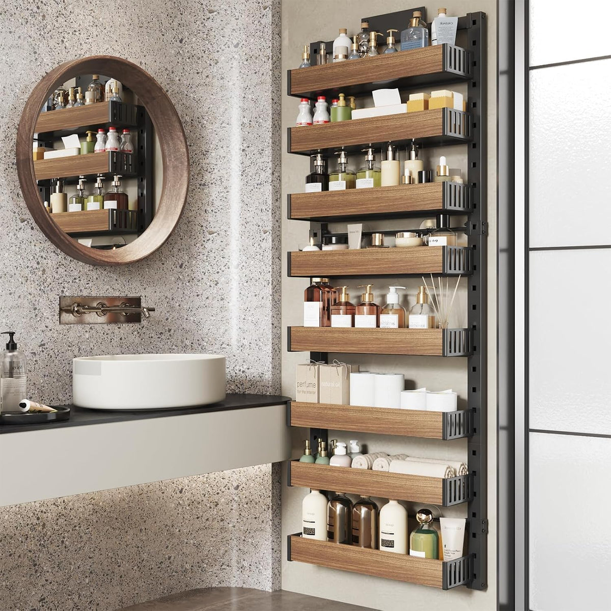 8 Tier Over the Door Pantry Organizer with Adjustable Wooden Baskets, Heavy Duty 2 in 1 Wall Mounted & Hanging Spice Rack for Kitchen, Cabinet and Closet Organization