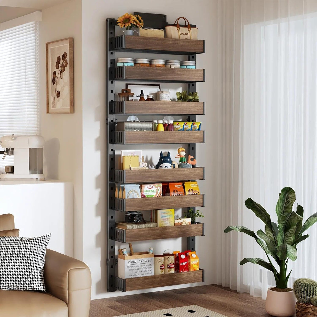 8 Tier Over the Door Pantry Organizer with Adjustable Wooden Baskets, Heavy Duty 2 in 1 Wall Mounted & Hanging Spice Rack for Kitchen, Cabinet and Closet Organization