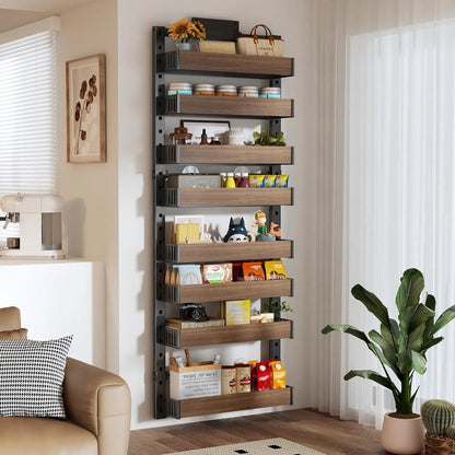 8 Tier Over the Door Pantry Organizer with Adjustable Wooden Baskets, Heavy Duty 2 in 1 Wall Mounted & Hanging Spice Rack for Kitchen, Cabinet and Closet Organization