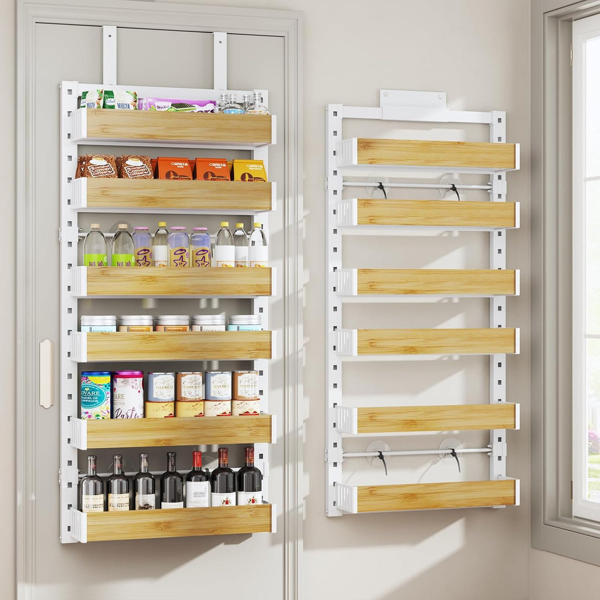 8 Tier Over the Door Pantry Organizer with Adjustable Wooden Baskets, Heavy Duty 2 in 1 Wall Mounted & Hanging Spice Rack for Kitchen, Cabinet and Closet Organization