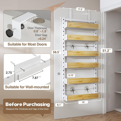 8 Tier Over the Door Pantry Organizer with Adjustable Wooden Baskets, Heavy Duty 2 in 1 Wall Mounted & Hanging Spice Rack for Kitchen, Cabinet and Closet Organization