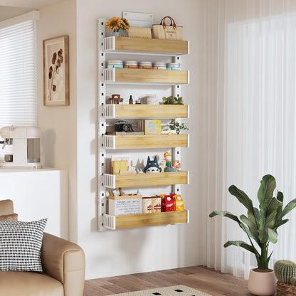 8 Tier Over the Door Pantry Organizer with Adjustable Wooden Baskets, Heavy Duty 2 in 1 Wall Mounted & Hanging Spice Rack for Kitchen, Cabinet and Closet Organization