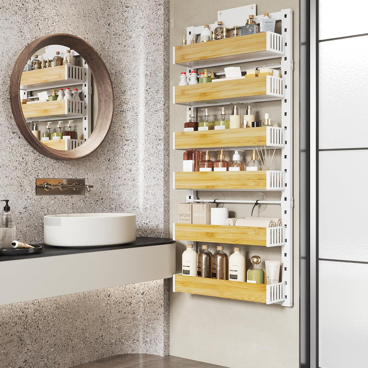 8 Tier Over the Door Pantry Organizer with Adjustable Wooden Baskets, Heavy Duty 2 in 1 Wall Mounted & Hanging Spice Rack for Kitchen, Cabinet and Closet Organization