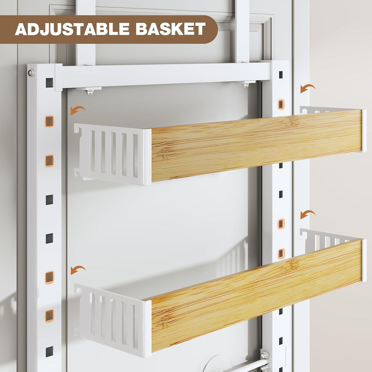 8 Tier Over the Door Pantry Organizer with Adjustable Wooden Baskets, Heavy Duty 2 in 1 Wall Mounted & Hanging Spice Rack for Kitchen, Cabinet and Closet Organization