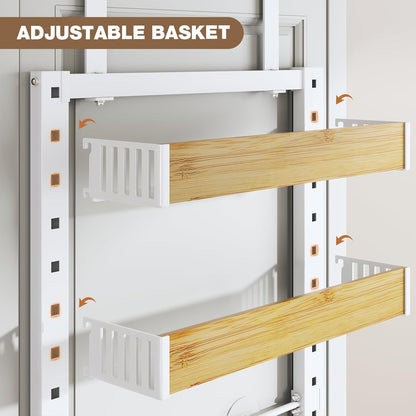 8 Tier Over the Door Pantry Organizer with Adjustable Wooden Baskets, Heavy Duty 2 in 1 Wall Mounted & Hanging Spice Rack for Kitchen, Cabinet and Closet Organization
