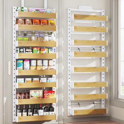8 Tier Over the Door Pantry Organizer with Adjustable Wooden Baskets, Heavy Duty 2 in 1 Wall Mounted & Hanging Spice Rack for Kitchen, Cabinet and Closet Organization