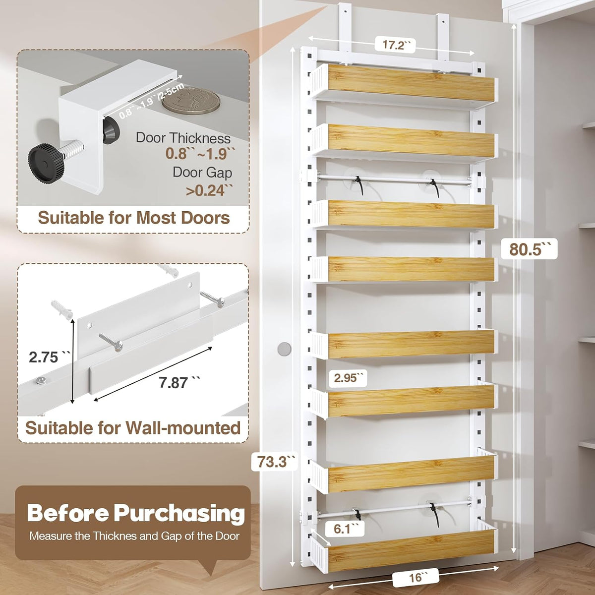 8 Tier Over the Door Pantry Organizer with Adjustable Wooden Baskets, Heavy Duty 2 in 1 Wall Mounted & Hanging Spice Rack for Kitchen, Cabinet and Closet Organization