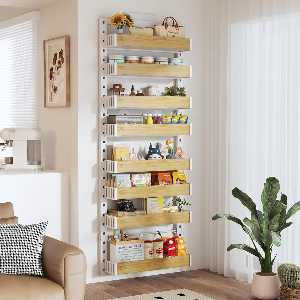 8 Tier Over the Door Pantry Organizer with Adjustable Wooden Baskets, Heavy Duty 2 in 1 Wall Mounted & Hanging Spice Rack for Kitchen, Cabinet and Closet Organization