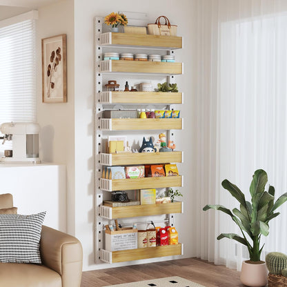 8 Tier Over the Door Pantry Organizer with Adjustable Wooden Baskets, Heavy Duty 2 in 1 Wall Mounted & Hanging Spice Rack for Kitchen, Cabinet and Closet Organization