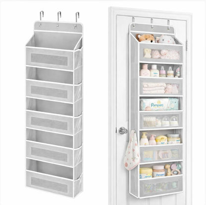 Over The Door Organizer with 10 Mesh Side Pockets, 5 Shelf Hanging Pantry Door Organizer for Bathroom & Nursery, Heavy Duty Behind The Door Storage for Toys, Diapers & Towels, Grey