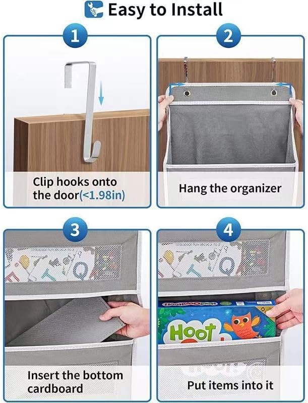 Over The Door Organizer with 10 Mesh Side Pockets, 5 Shelf Hanging Pantry Door Organizer for Bathroom & Nursery, Heavy Duty Behind The Door Storage for Toys, Diapers & Towels, Grey
