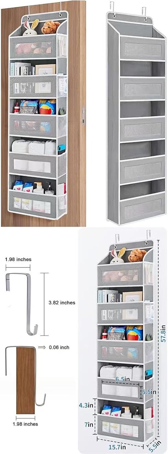 Over The Door Organizer with 10 Mesh Side Pockets, 5 Shelf Hanging Pantry Door Organizer for Bathroom & Nursery, Heavy Duty Behind The Door Storage for Toys, Diapers & Towels, Grey